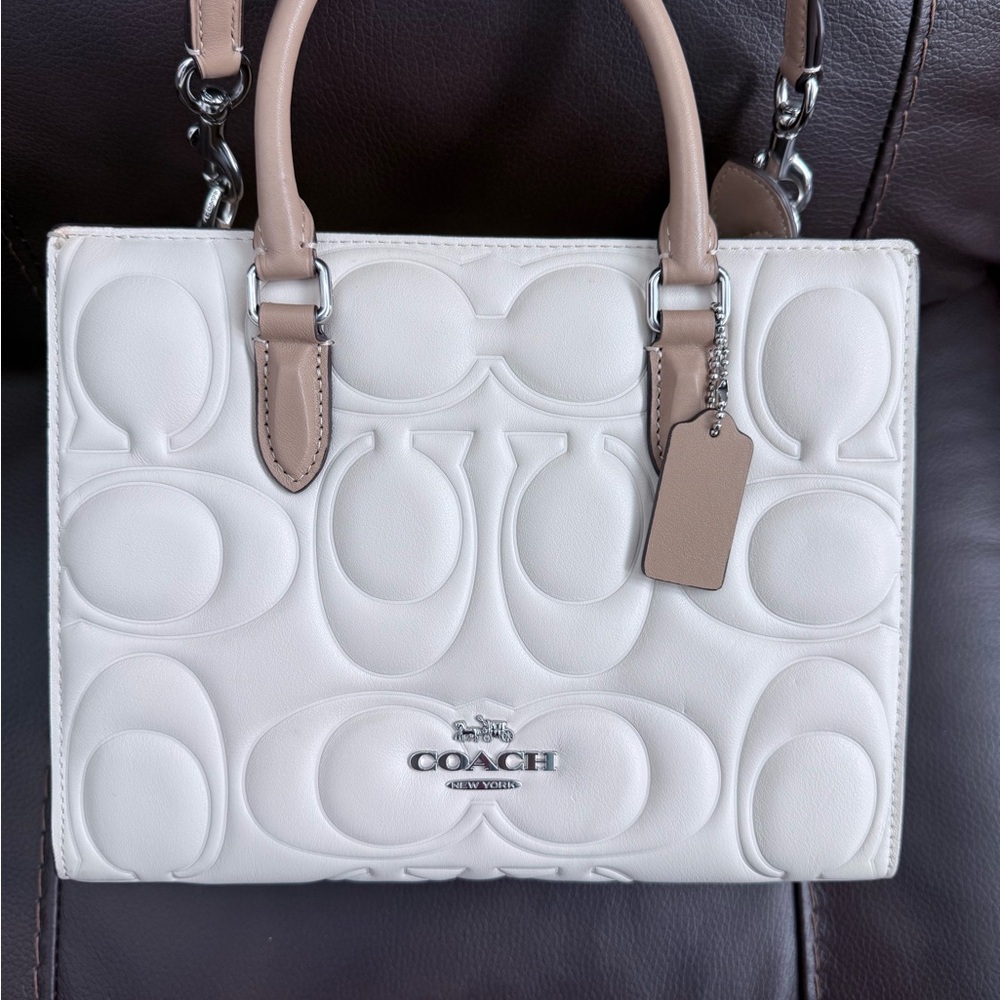 Coach Maggie Small Chalk/Taupe Signature Embossed Leather Tote - Picture 3 of 10